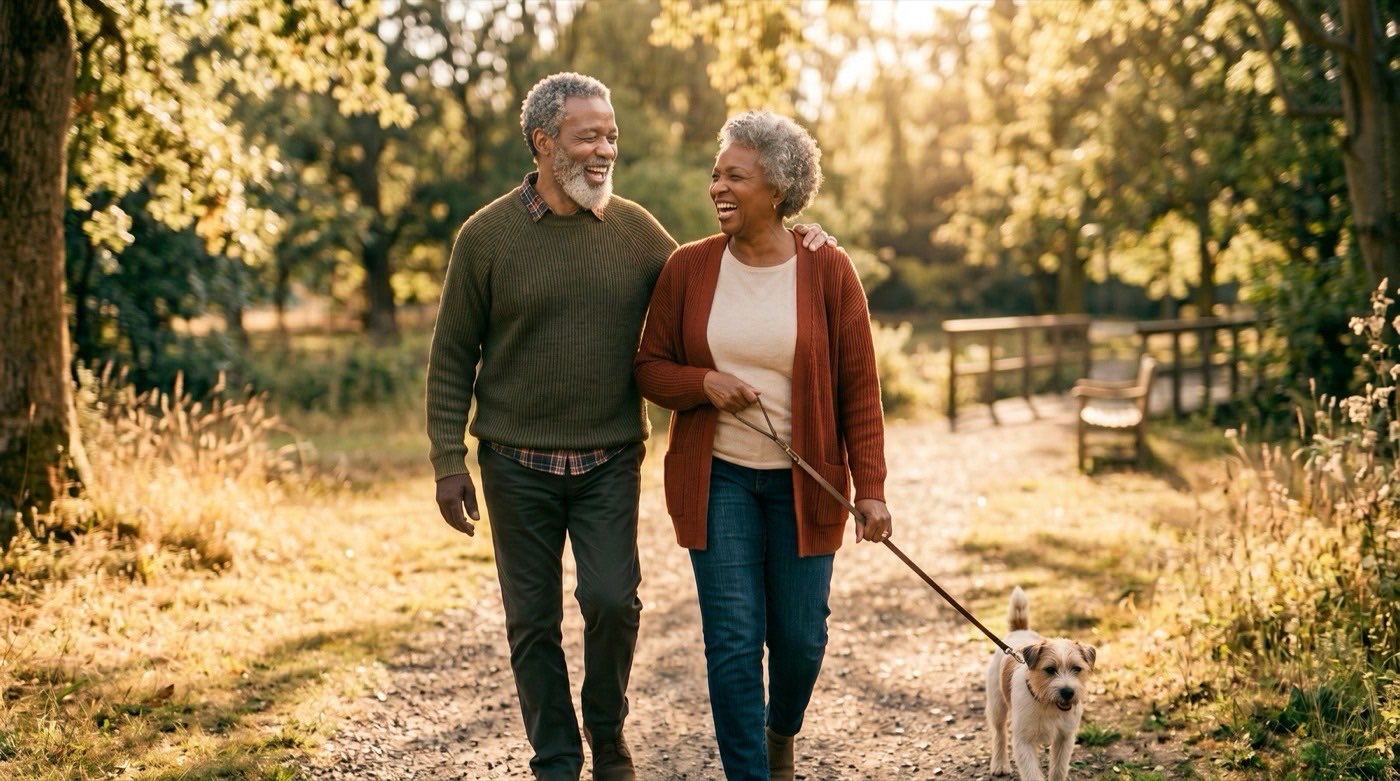 A Black couple walking their dog on a tree-lined path on an autumn morning