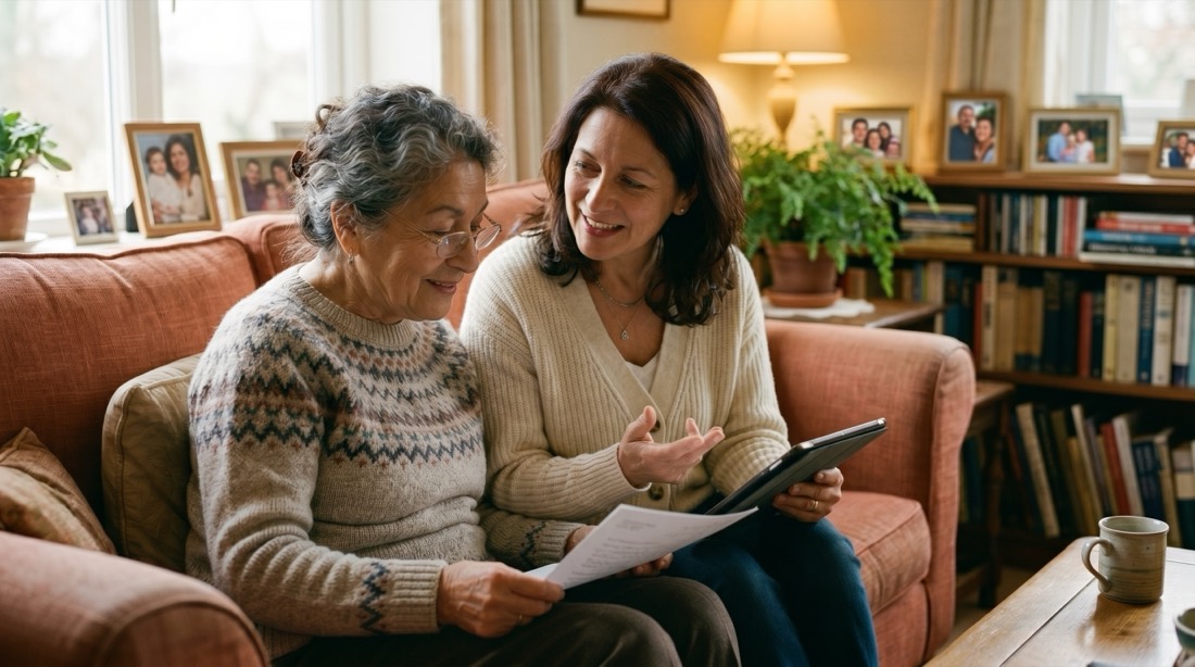 An adult daughter sitting close with her elderly mother on a sofa, reviewing a document and a tablet together