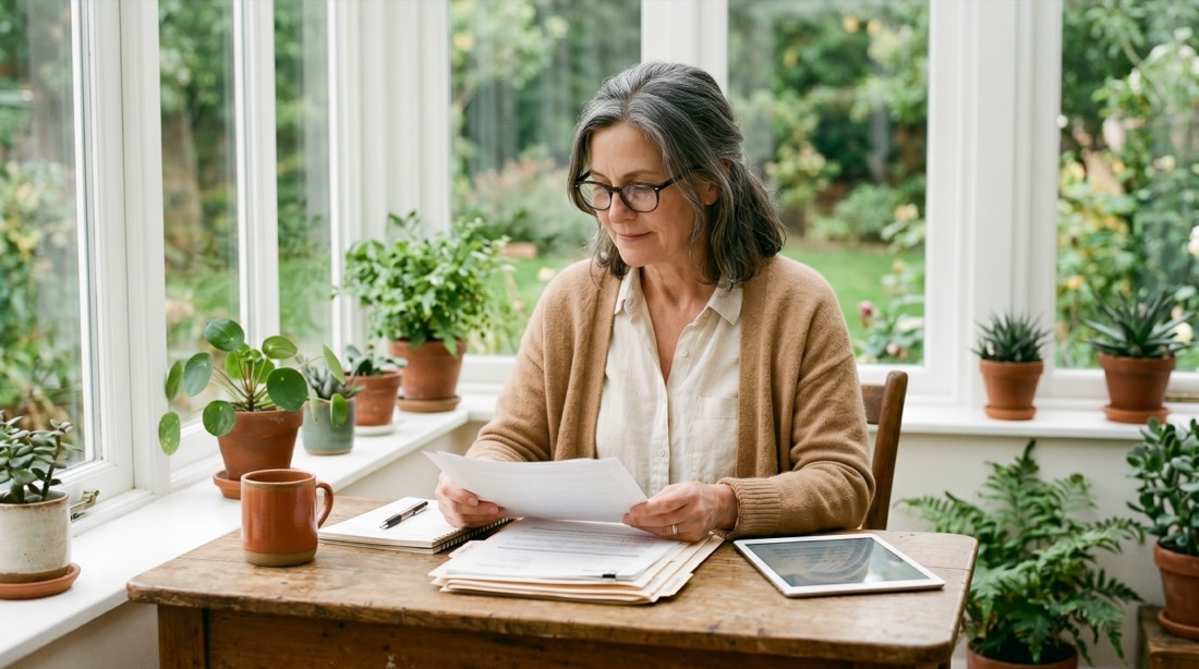 A woman with grey hair and glasses at a sunlit table, reading through her papers with a tablet and notebook