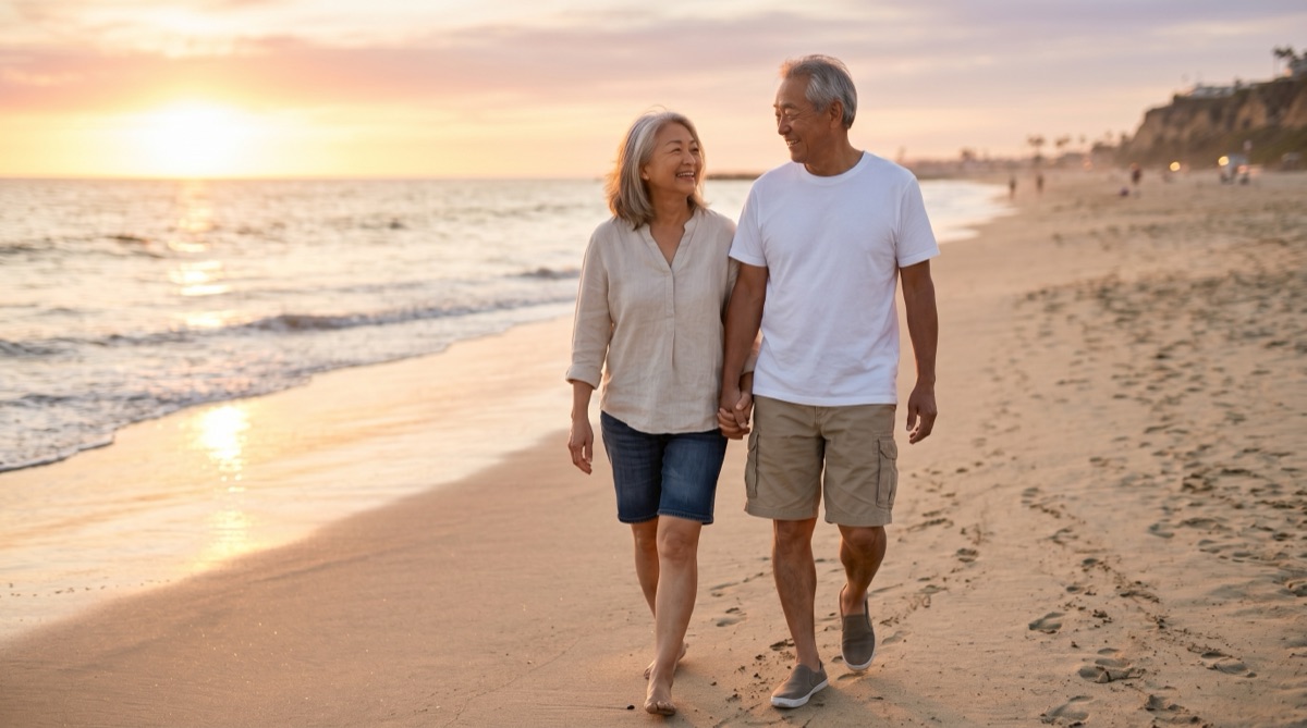 An older Asian couple walking hand in hand on the beach at sunset